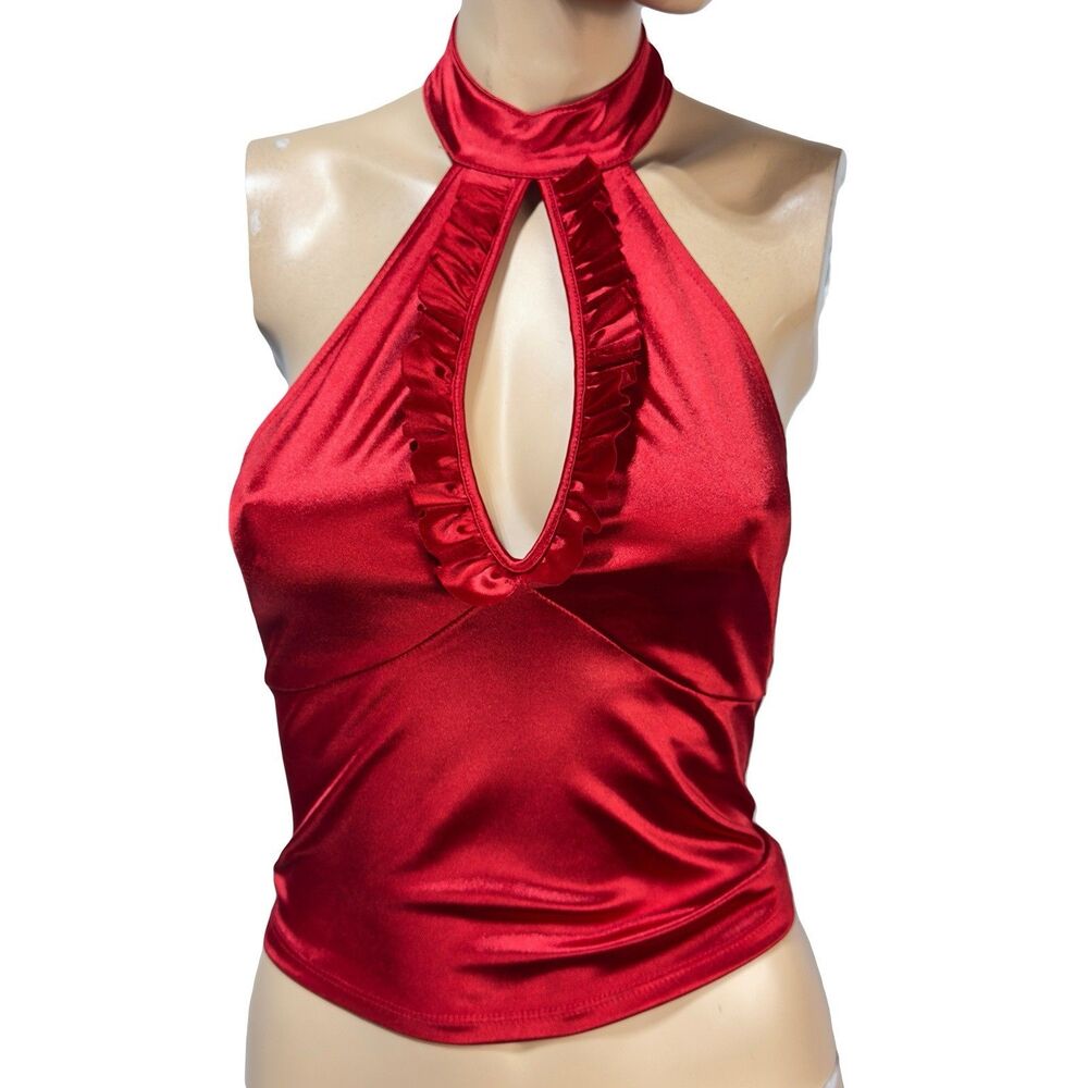 Urban Outfitters Kimchi Blue Celeste Red Satin Top Ruffle Keyhole Size S NEW